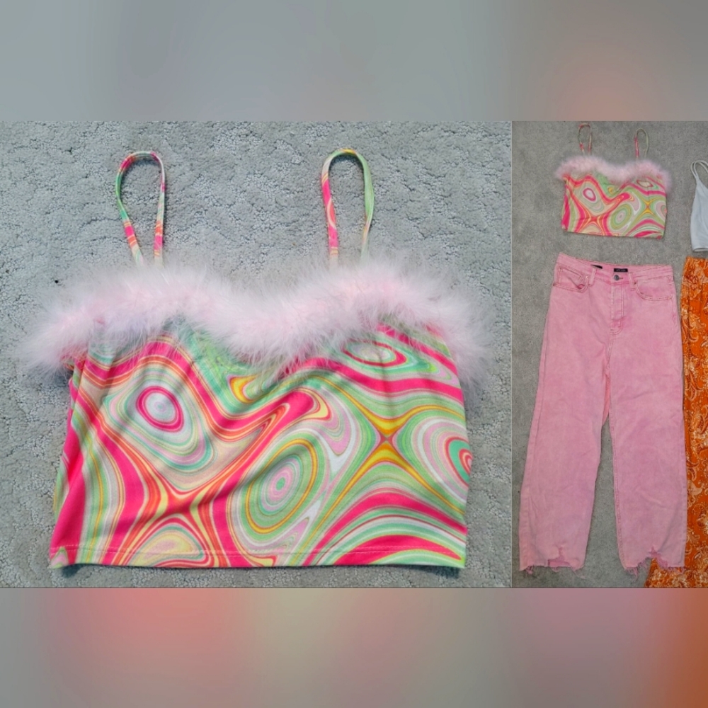 Groovy Y2K Fluffy Spaghetti Strap Cropped Tank Top